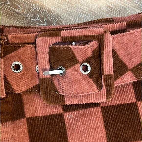 Womens Go-go Mini Skirt Size 6 Corduroy Chestnut Check Belt 70s Wild Fable - Picture 4 of 12